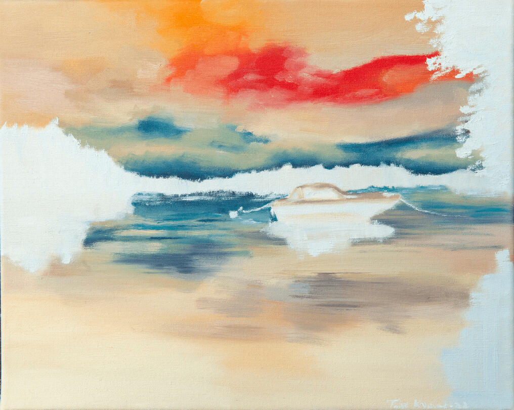 A painting in photo negative of a boat on a lake. It's a bit surrealistic because it's hard to make out if the white paint is trees or clouds. The sky is red.