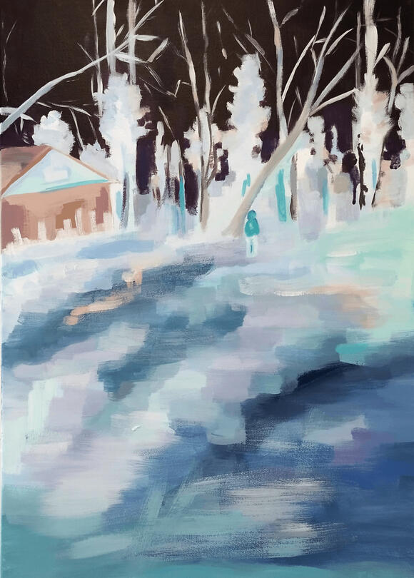 A scenery painting in photonegative. There ground is white and blue, there are trees at the edge of the horizon, a brown building and a blue and white figure. The sky is black. It looks snowy, but since it's a photo negative, it's probably not.