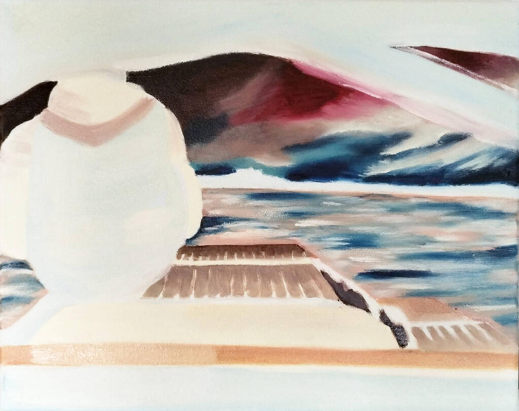 A painting in photo negative. There is a lake and a completely white figure sitting. The point of view is from a boat, with the viewer looking back and not forward. The lake is blue and brown, the sky red and blue. The boat is mostly white with some brown.