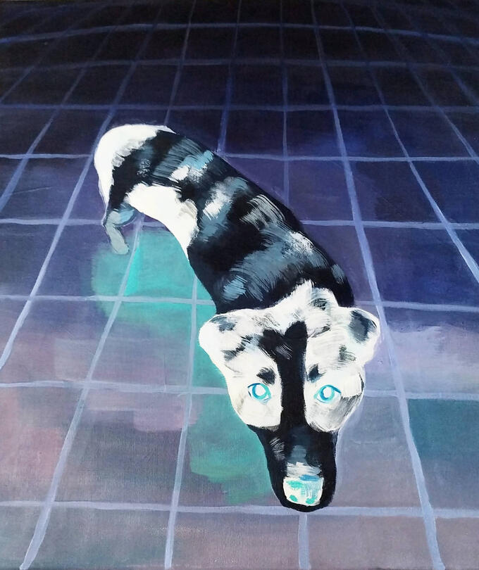 A painting in photo negative of a black and white dog looking at the viewer. The background has endless purple tiles.