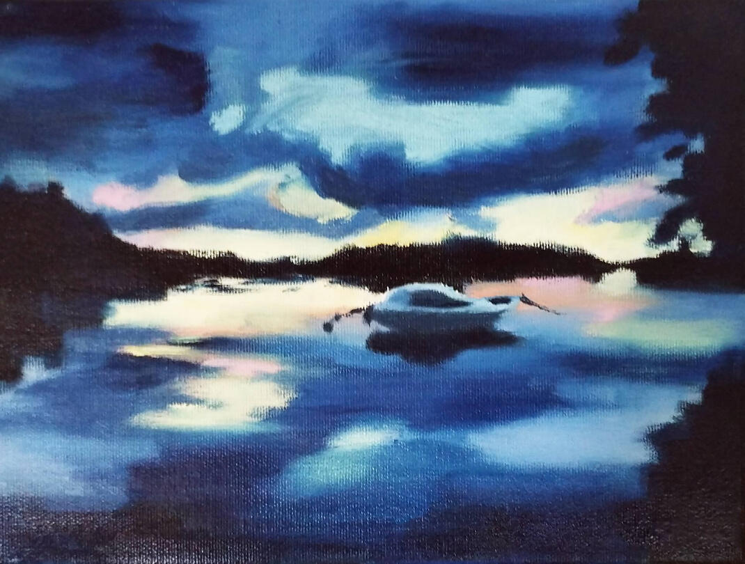 A painting based on a photonegative turned negative again. There is a boat on a lake. It's dark and the sun is setting.