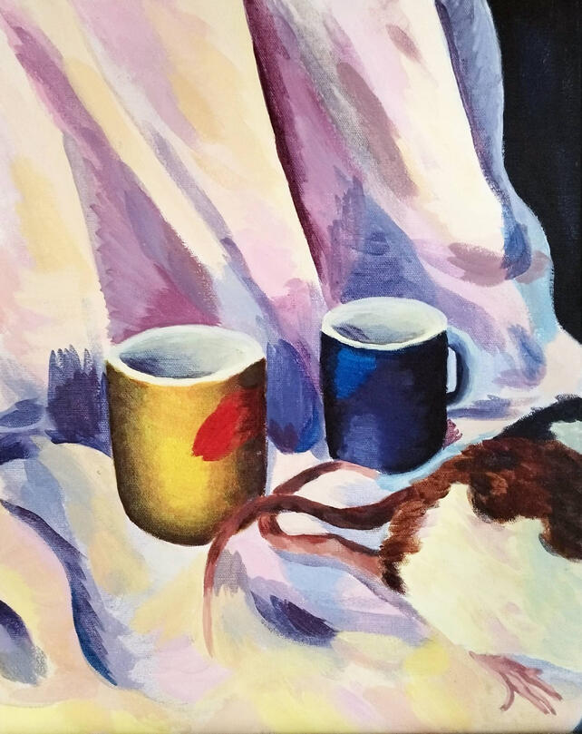 A painting of two cups and two rats on top of some lilac cloth. We can only see the tails and the backs of the rats.