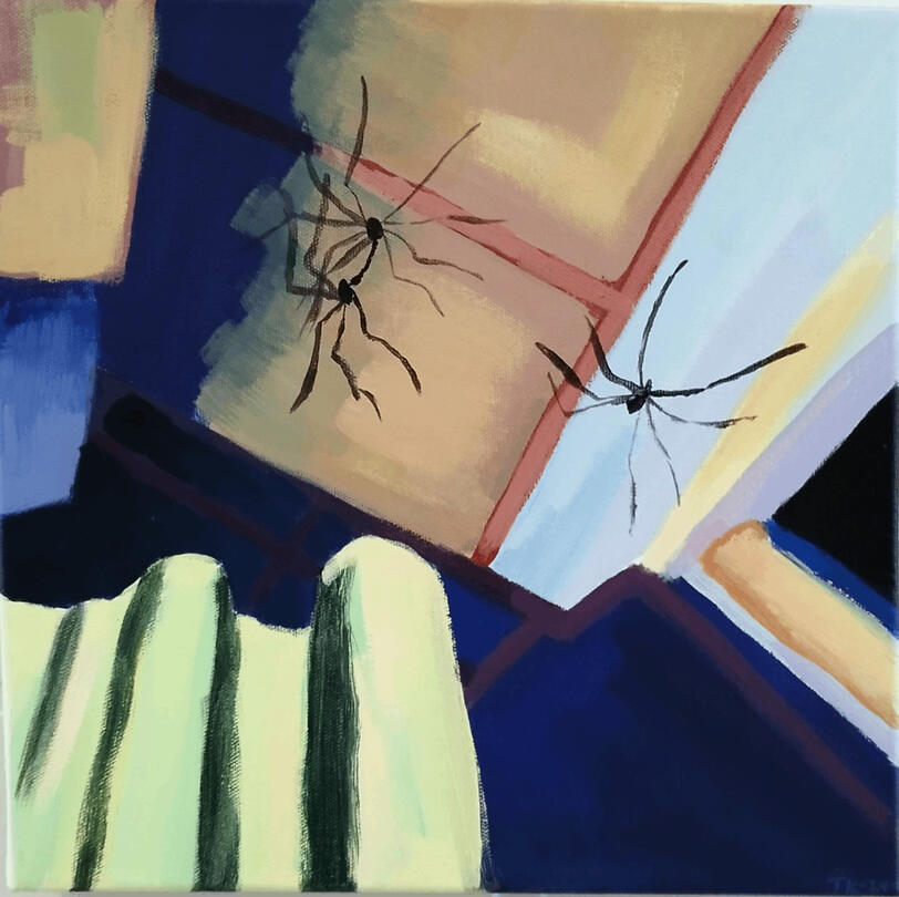 A painting of a photo negative's photo negative. There are three black harvestmen on a wall. The wall is a tan color, the floor is dark blue and there are some light yellow and light blue.