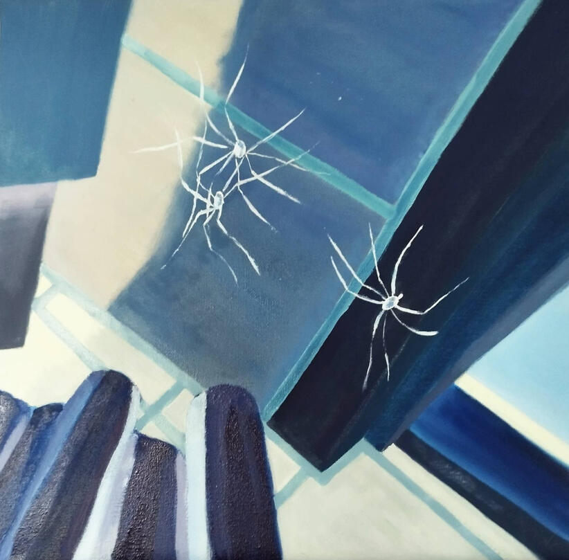 A painting in photo negative of three harvestmen on a wall. The painting is very blue and the harvestmen are white.