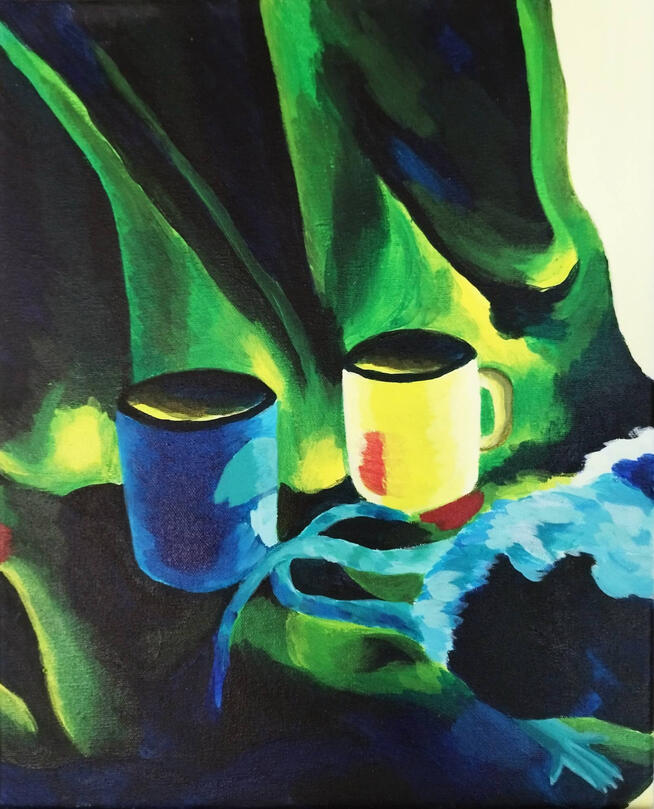 A painting of two cups and two rats on top of some black and green cloth. We can only see the tails and the backs of the rats. The painting appears to be a photo negative.