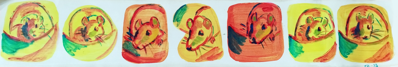 A photo of a roll of wallpaper. The wallpaper roll is opened and the inside has been painted with yellow and orange squares and circles. Inside the shapes are paintings of a rat. It looks like a comic or frames of an animation.
