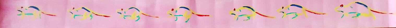A photo of a roll of wallpaper. The wallpaper roll is opened and the inside has been painted with pink. The roll is full of colorful rats running.