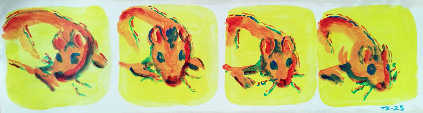 A photo of a roll of wallpaper. The wallpaper roll is opened and the inside has been painted with yellow squares. Inside the squares are paintings of a rat. It looks like a comic or frames of an animation.