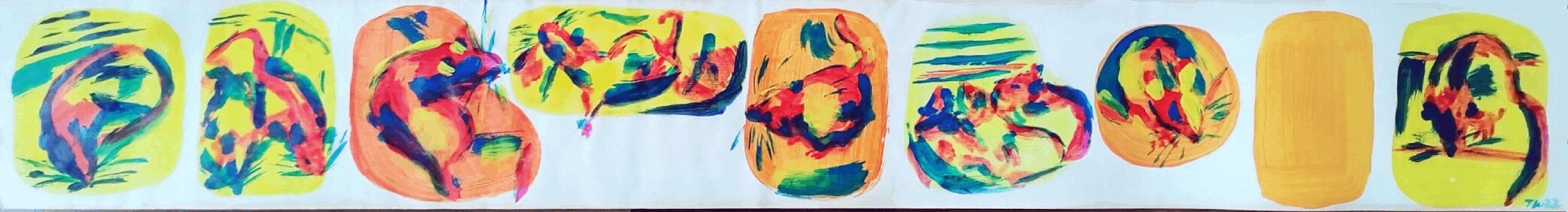 A photo of a roll of wallpaper. The wallpaper roll is opened and the inside has been painted with yellow and orange shapes. Inside the shapes are messy paintings of rats. One shape is completely empty.