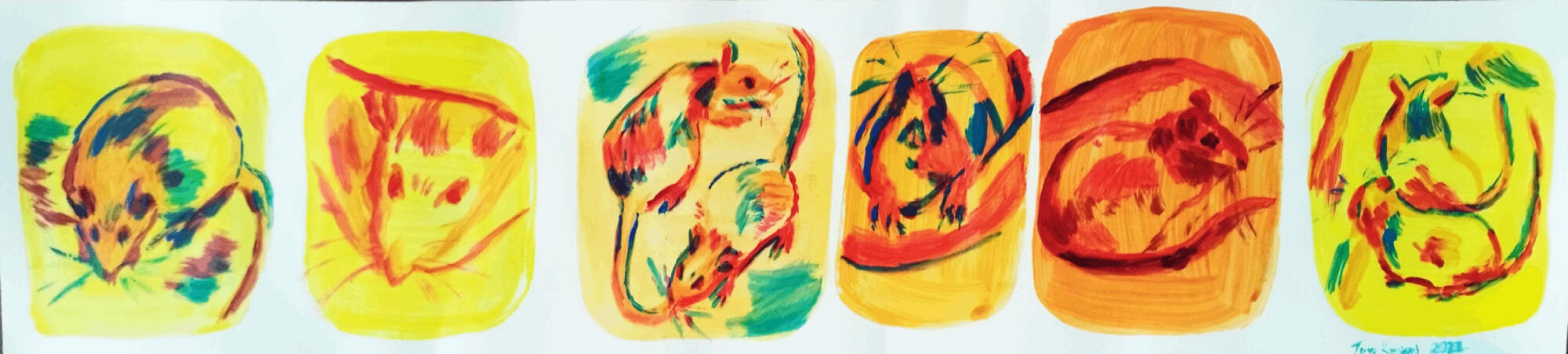 A photo of a roll of wallpaper. The wallpaper roll is opened and the inside has been painted with yellow and orange squares. Inside the squares are messy paintings of rats.