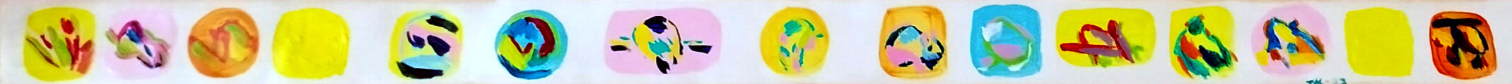 A photo of a roll of wallpaper. The wallpaper roll is opened and the inside has been painted with different colored circles and squares. Inside the shapes are abstract and colorful paintings of rats.