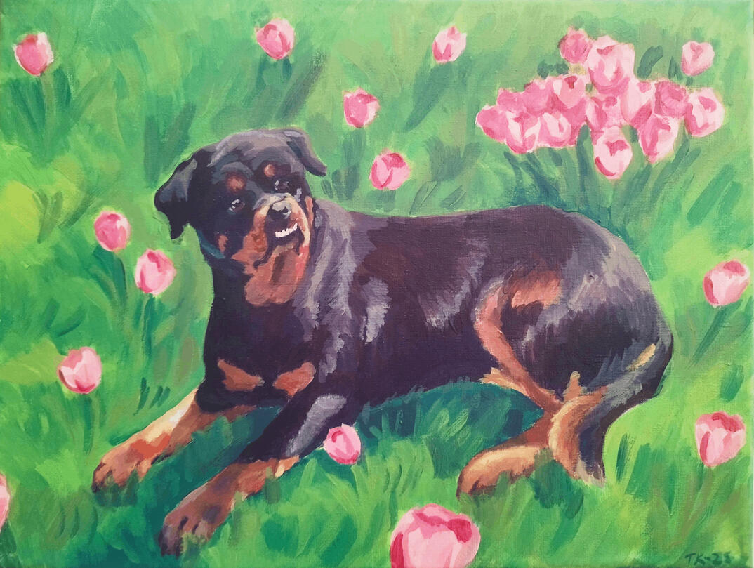 A painting of a rottweiler lying on top of grass and surrounded by pink flowers.
